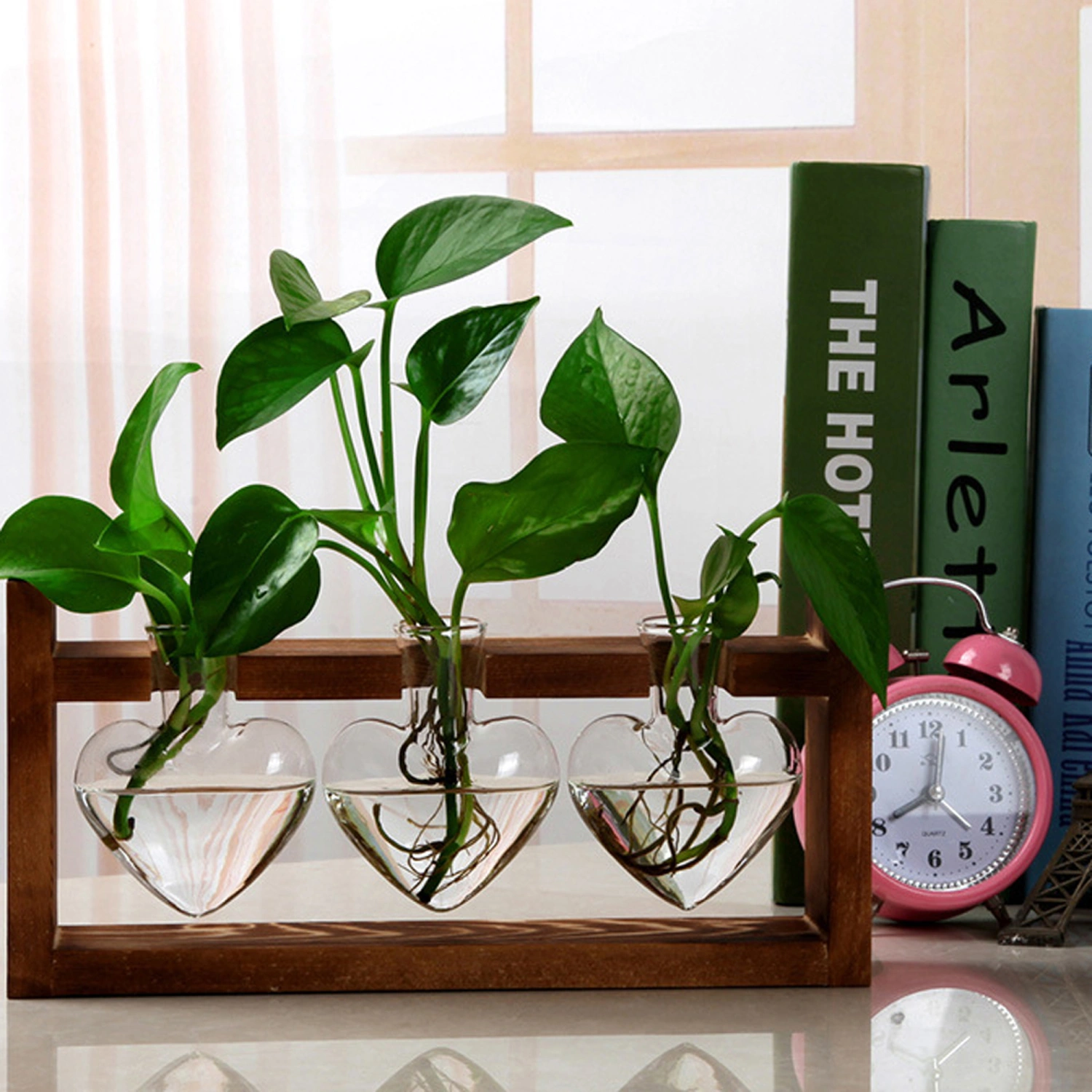 Hydroponic Glass Vase Retro Desktop Terrarium Planter with Wood Stand