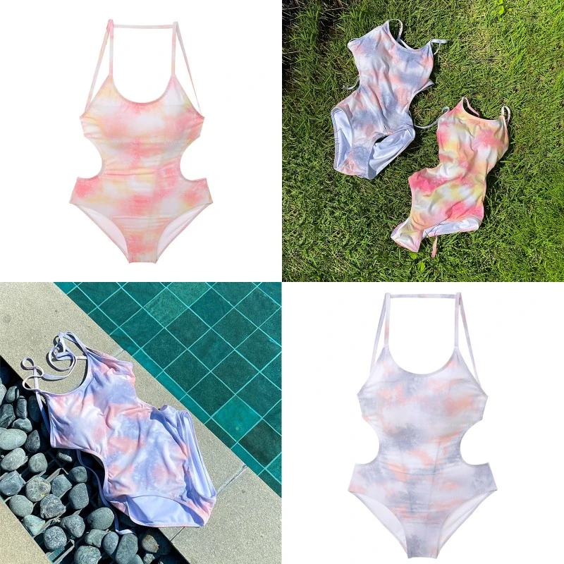 Women Swimwear, Tie-dyed Print Sleeveless U-shaped Collar One-piece