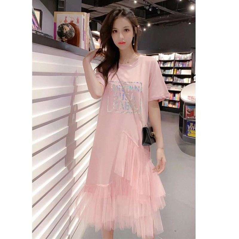 Women Fashion Mesh Patchwork Dress Stylish Short Sleeve Sequins Dress