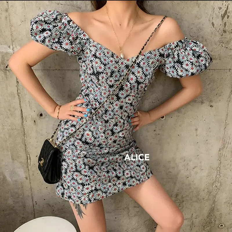 Women’s Off Shoulder Bodycon Dress Daisy Print Short Puff Sleeve Dress