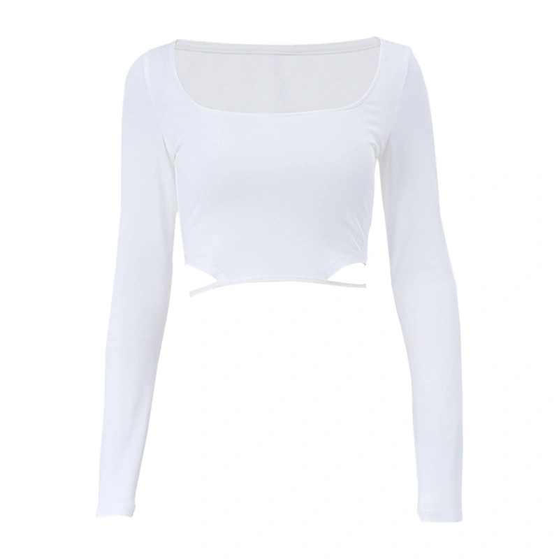 Women's Summer White Long Sleeve Square Neck Slim Fit Crop Tops