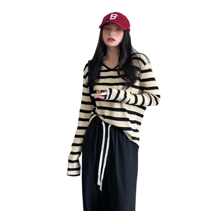 Women Knit T-shirt, Long Sleeve V Neck Striped Loose Fall Tops