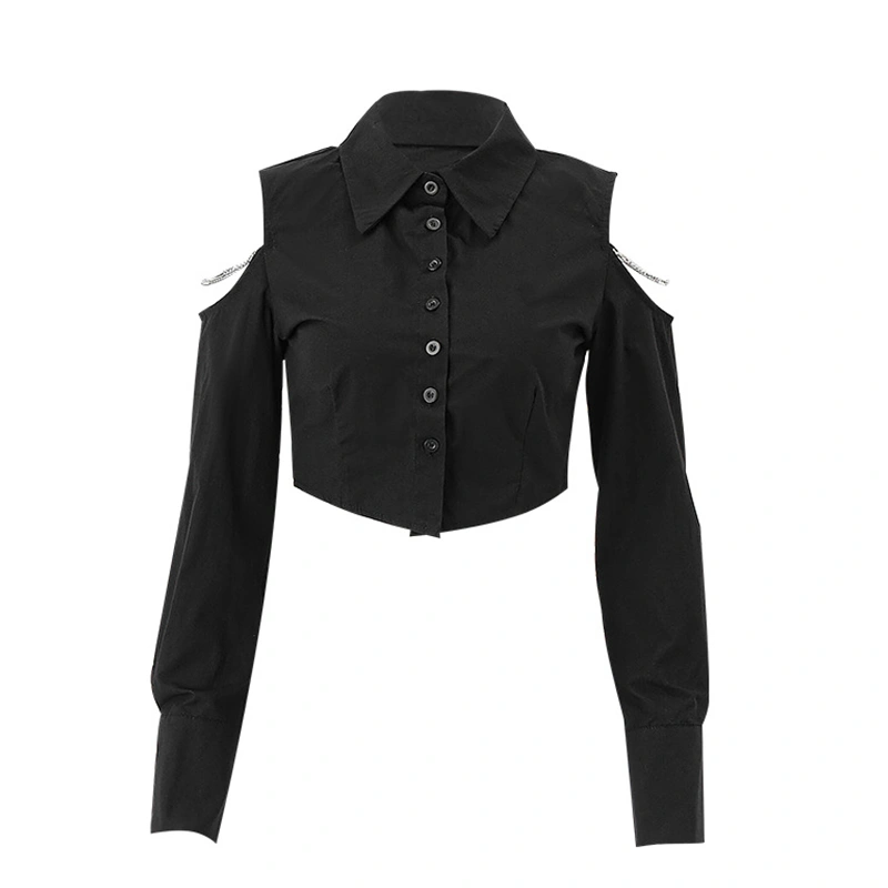 Women's Black Long Sleeve Lapel Cold Shoulder Button Down Shirt