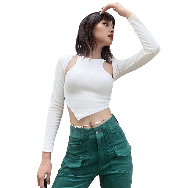 Women Long Sleeve Crop Tops, Solid Color Cutout Irregular Hem T-Shirt