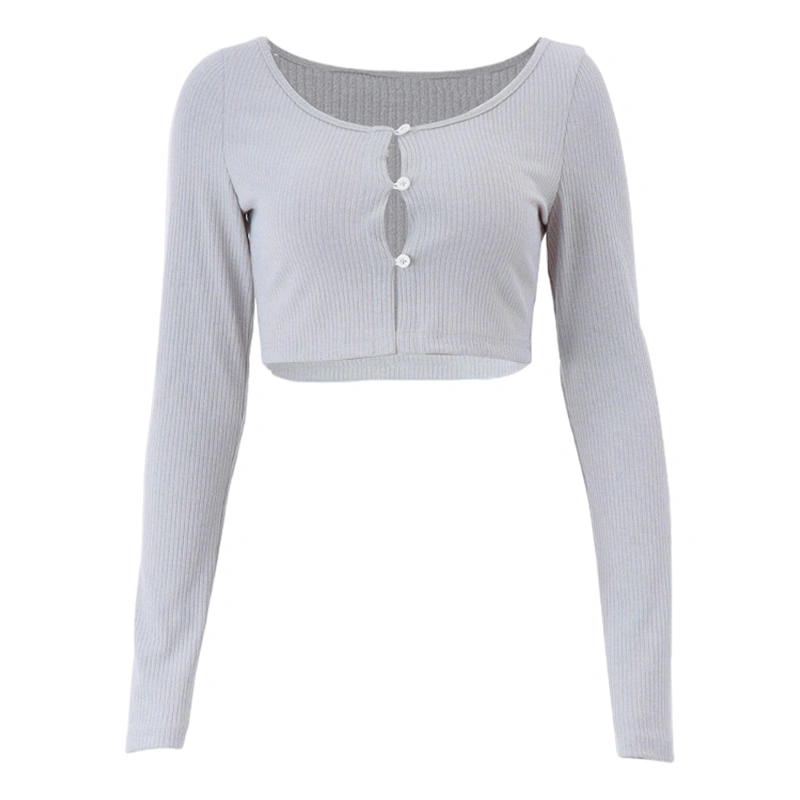 Women's Spring Gray Long Sleeve U Neck Ribbed Button Crop Tops