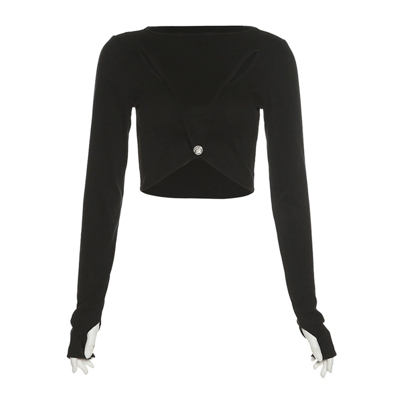 Female Solid Color Round Neck Long Sleeve Hollow Out Crop Tops