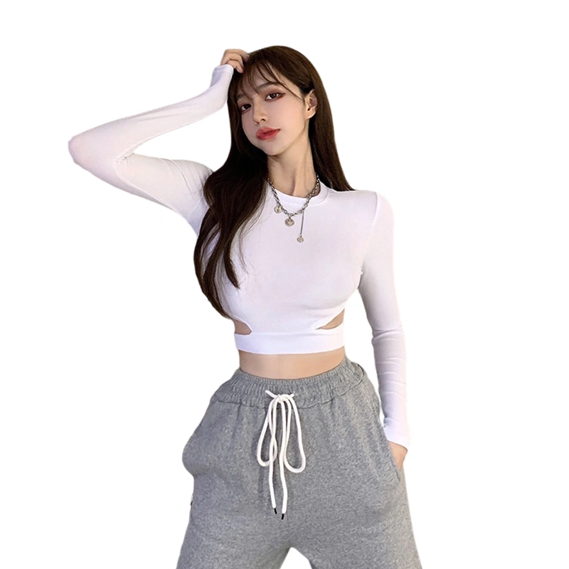 Women's Long Sleeve Cropped Tops, Solid Hollow Out Waist T-shirt