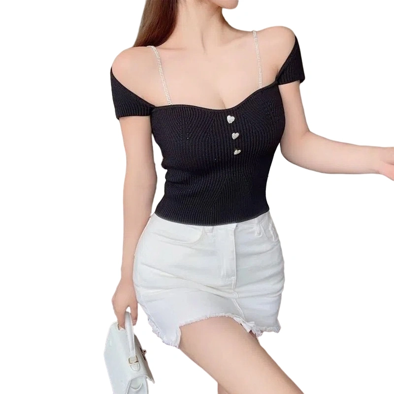 Women's Slim Tops, Rhinestone Chain Off Shoulder Ribbed T-Shirts