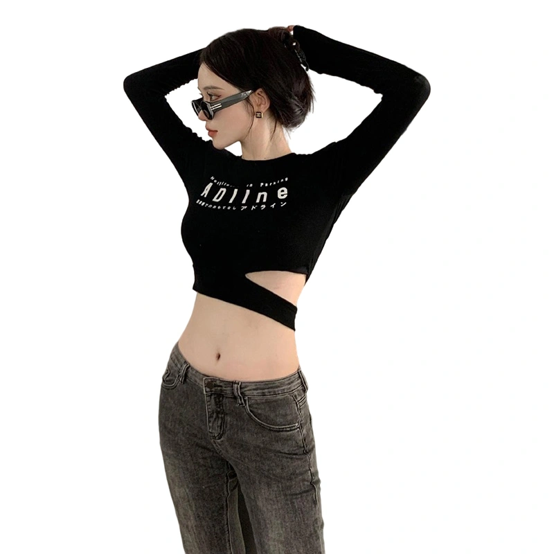 Women's Round Neck Long Sleeve Letter Print Side Cutout Crop Tops