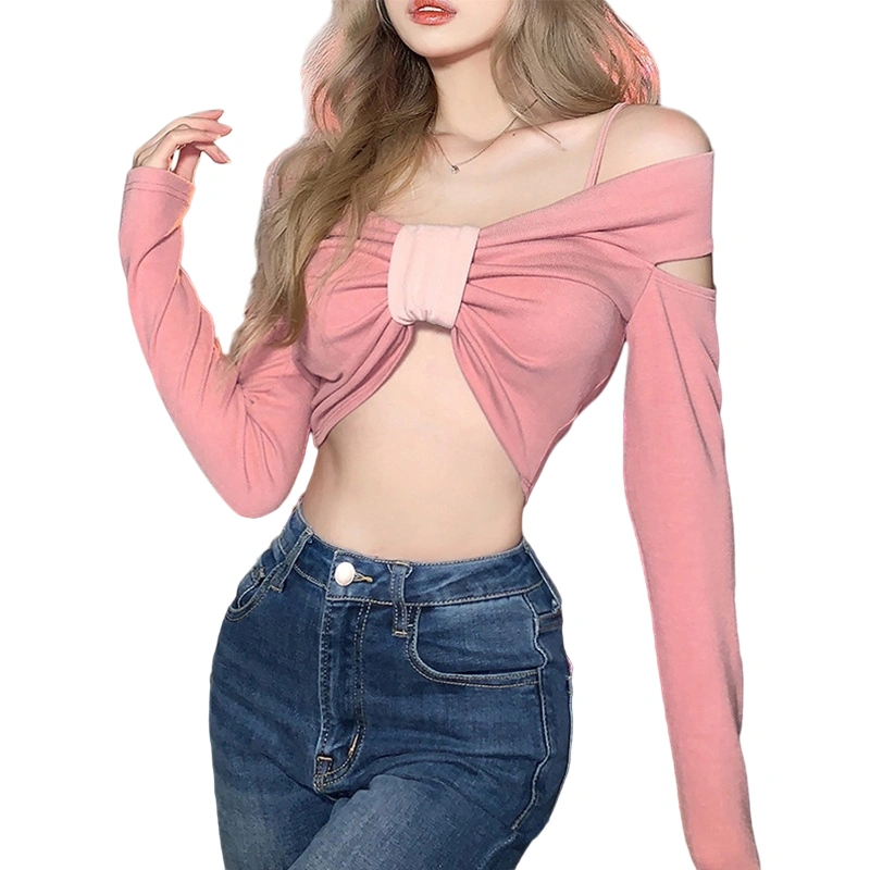 Women's Cold Shoulder Long Sleeve Spaghetti Strap Bow Front Crop Tops