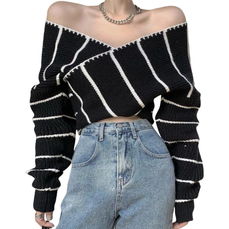 Women's Wrap Crop Tops, Off Shoulder Long Sleeve Striped Knit T-Shirts