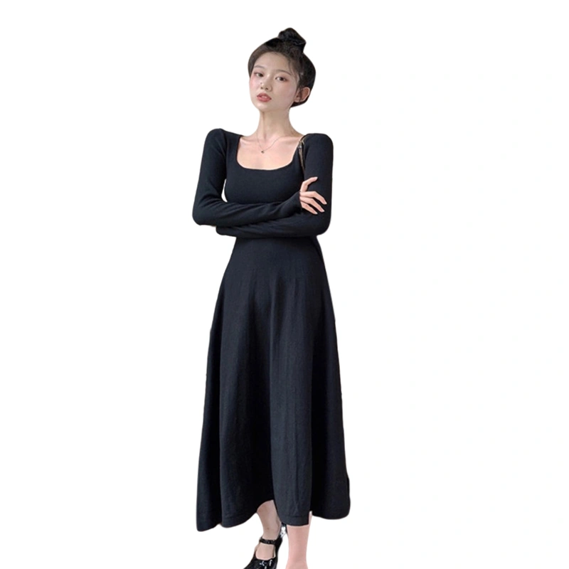 Women's Spring Solid Color Long Sleeve Square Neck Slim Dress