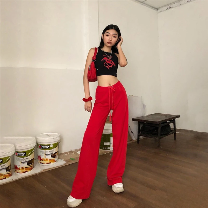 Women Wide Leg Pants Embroidered Drawstring High Waist Trousers 