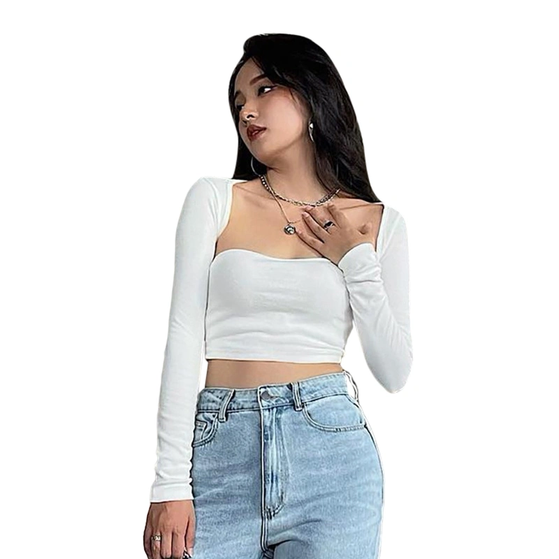 Women Fashion Crop Tops Solid Color Square Neck Long Sleeve T-Shirts