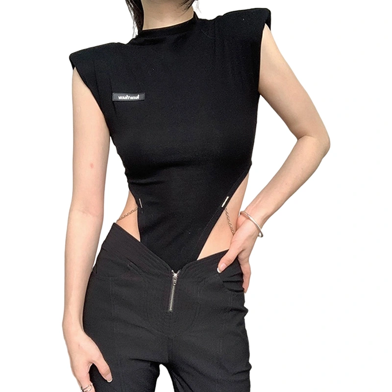 Women Fashion Bodysuits Letter Patch Mock Neck Sleeveless Rompers