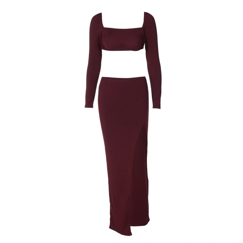 Women Fall 2 Pieces Outfits, Solid Color Crop Tops + Split Long Skirts