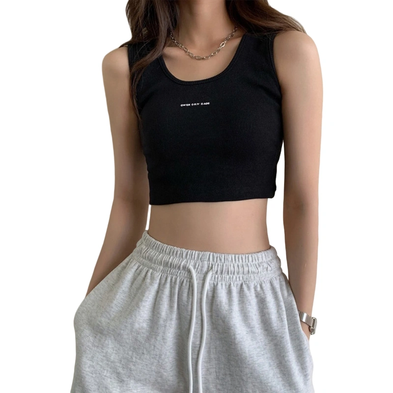 Women Crop Vest Sleeveless U Neck Letters Knitting Casual Tops