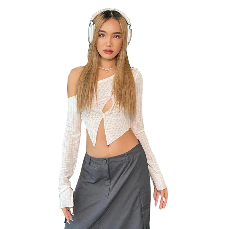 Women Crop Top, Long Sleeve Oblique Neck Hollowed Irregular Tops