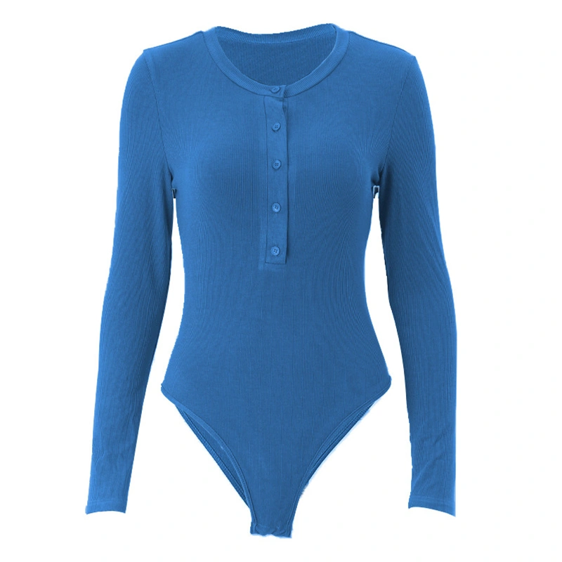 Women’s Ribbed Bodysuits, Long Sleeve Button Front Leotard Tops