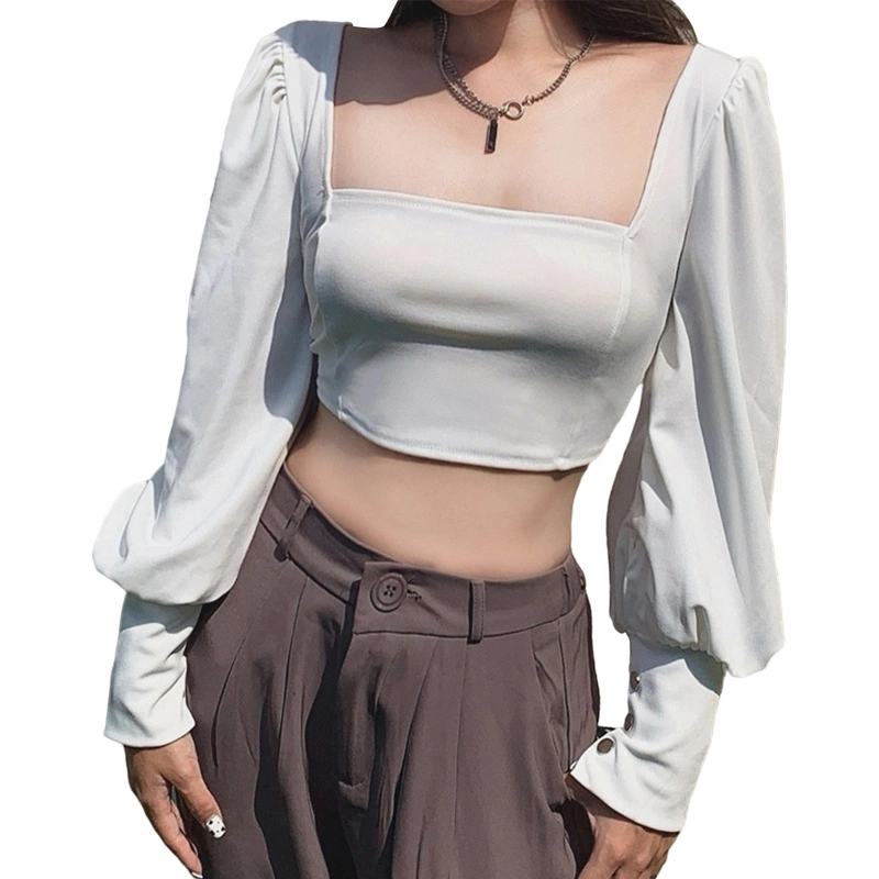 Women's Solid Color Puff Long Sleeve Square-Neck Show Navel T-shirt