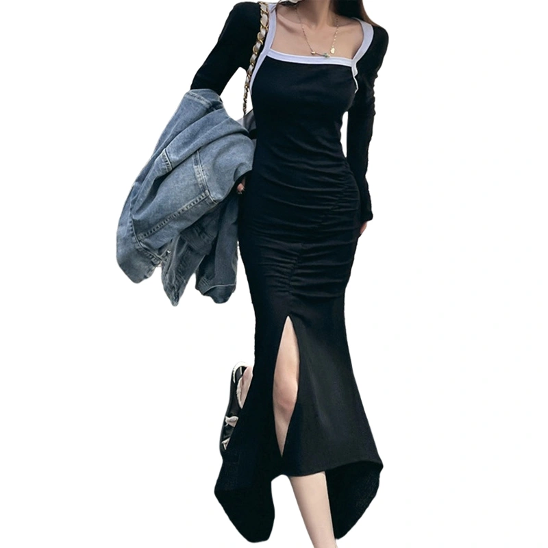 Women's Long Sleeve Square Neck Ruched Slit Fishtail Hem Dress