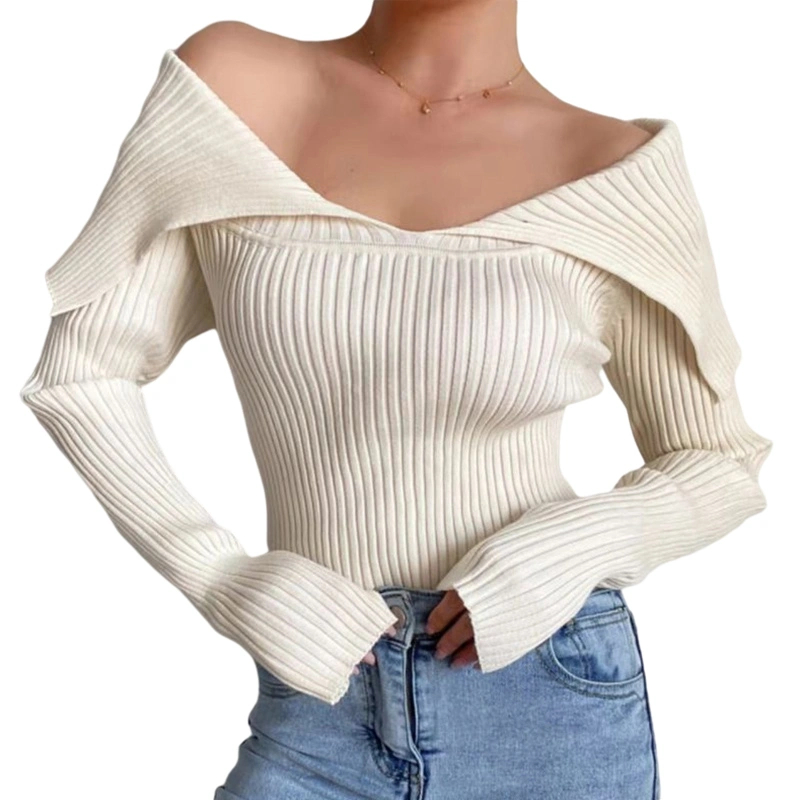 Women's V-Neck Solid Ribbed Off Shoulder Long Sleeve Sweater