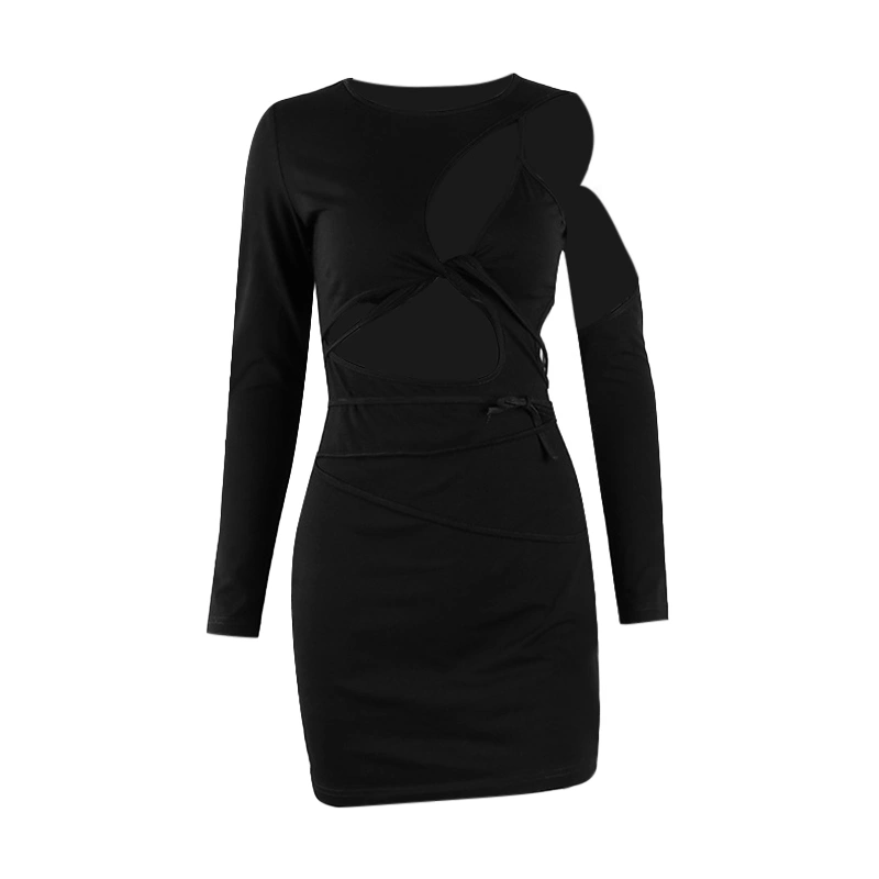 Women Bodycon Dress Solid Color Irregular Cutout Long Sleeve Dress