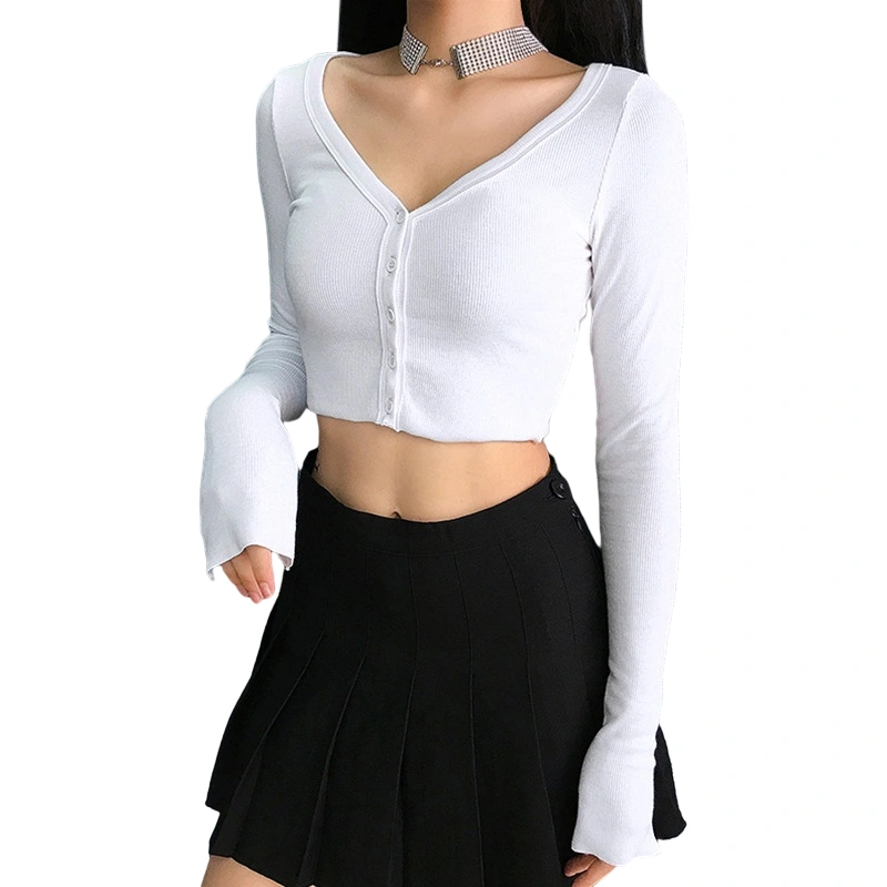 Women Knitting Shirt, Long Sleeve V Neck Buttons Solid Color Tops 