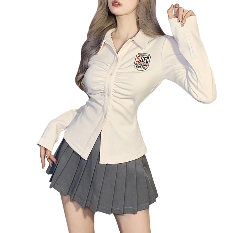 Women Shirts Letter Badge Pattern Turn-Down Collar Ruched Blouse