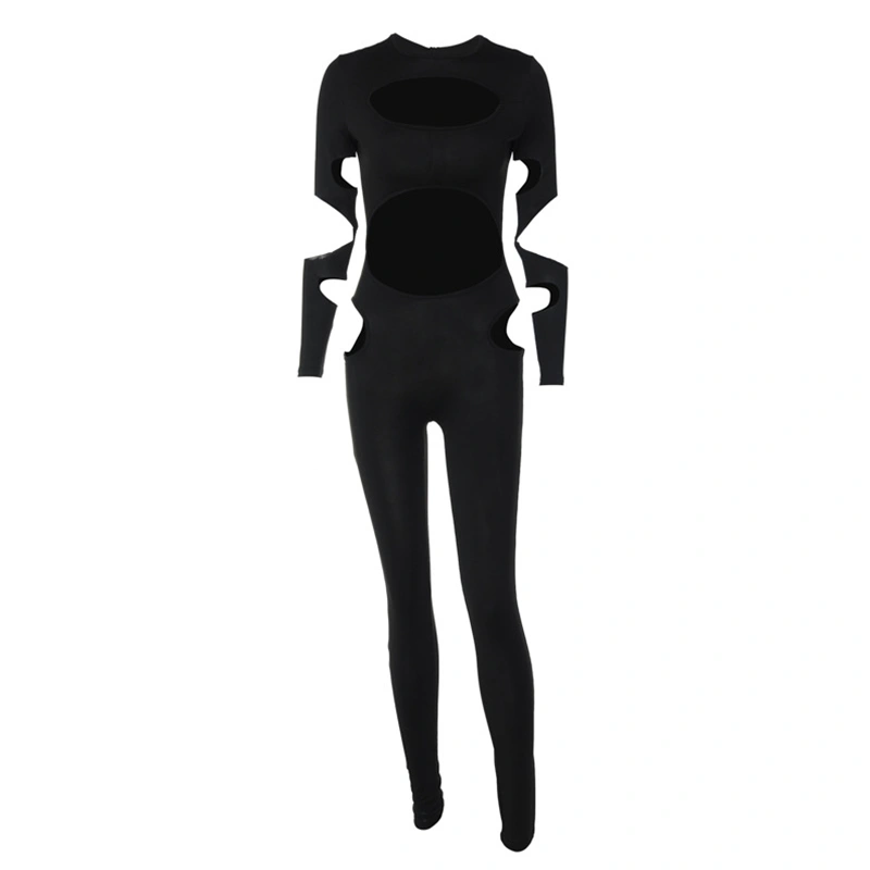 Women Slim One Piece Jumpsuit, Solid Long Sleeve Hollow Playsuit 