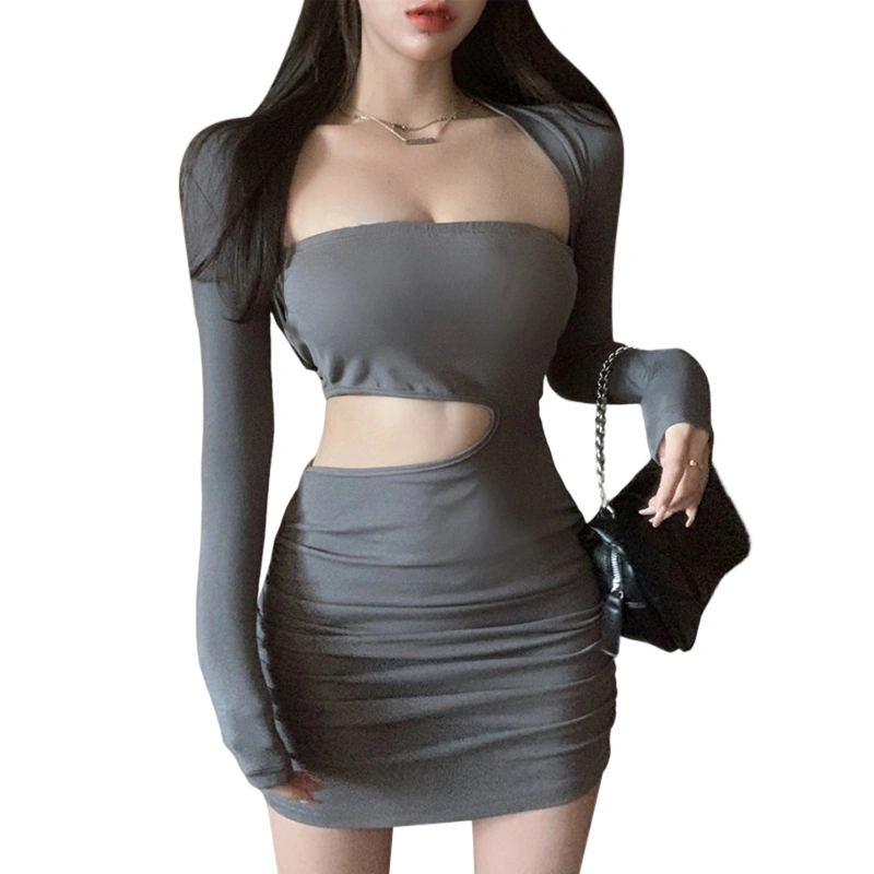 Women Mini Bodycon Dress Solid Color Boat-Neck Long Sleeve Dress