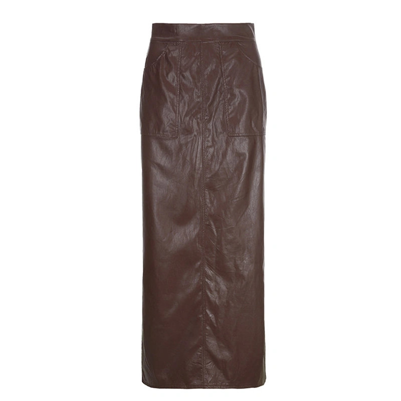 Women Long Skirt, Vintage Elegant High Waist PU Leather Solid Skirt