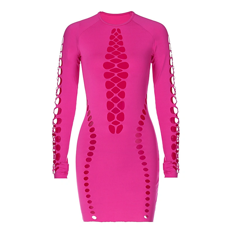 Women Long Sleeve Bodycon Dress Solid Color Hollow-Out Cocktail Dress