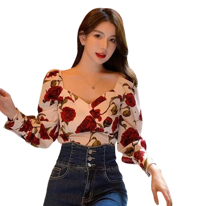 Women Rose Flower Shirt Long Sleeve V Neck Print Casual Fall Tops 