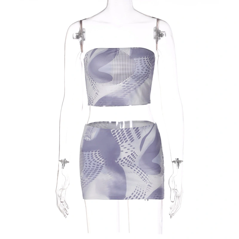 Women’s 2 Piece Summer Outfits, Abstract Print Tube Tops + Skirt Set 