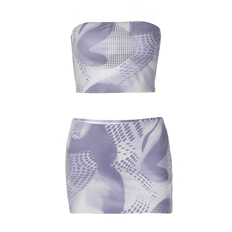 Women’s 2 Piece Summer Outfits, Abstract Print Tube Tops + Skirt Set 