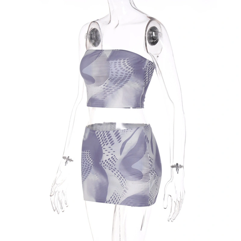 Women’s 2 Piece Summer Outfits, Abstract Print Tube Tops + Skirt Set 