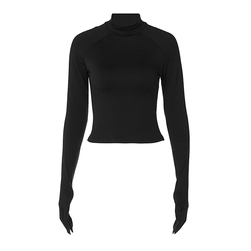 Women Crop Shirt Long Sleeve Round Neck Solid Color Fall Tops