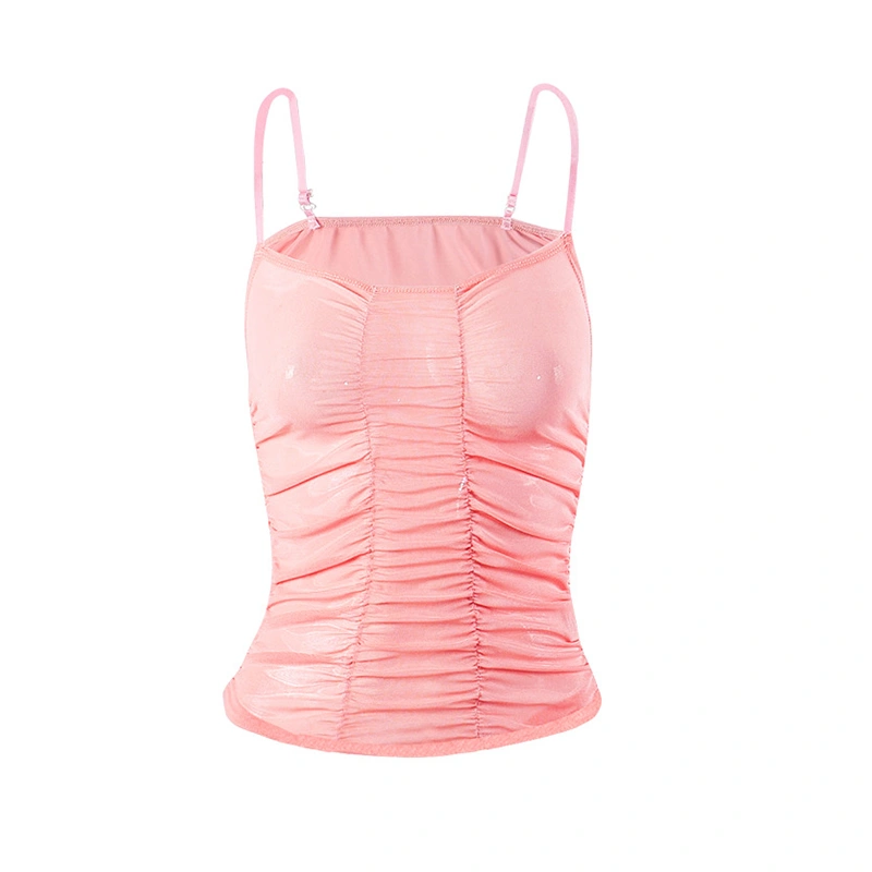 Women Spaghetti Strap Camisoles Solid Color Mesh Ruched Tank Tops