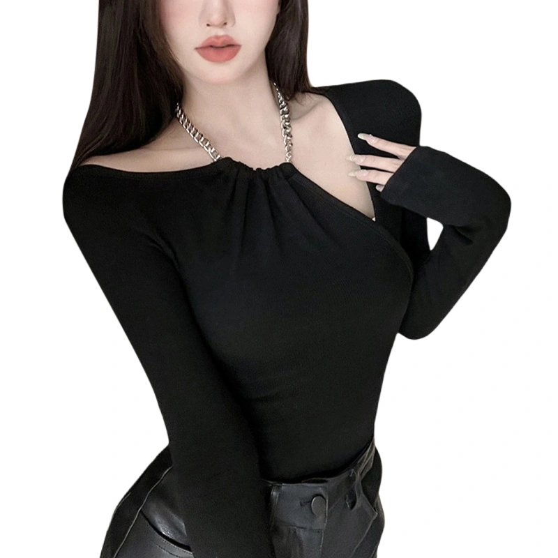 Women Long Sleeve Shirt Chain Halterneck Irregular Basic Pullover Tops