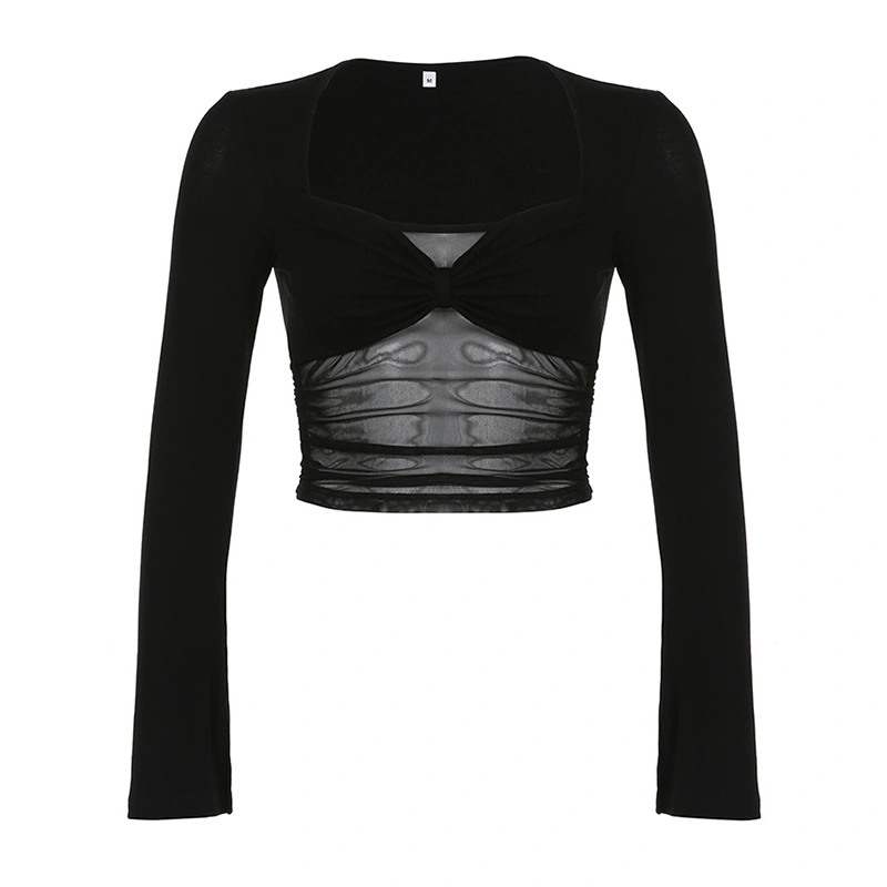 Women T-shirt Long Sleeve V Neck See-through Patchwork Crop Top