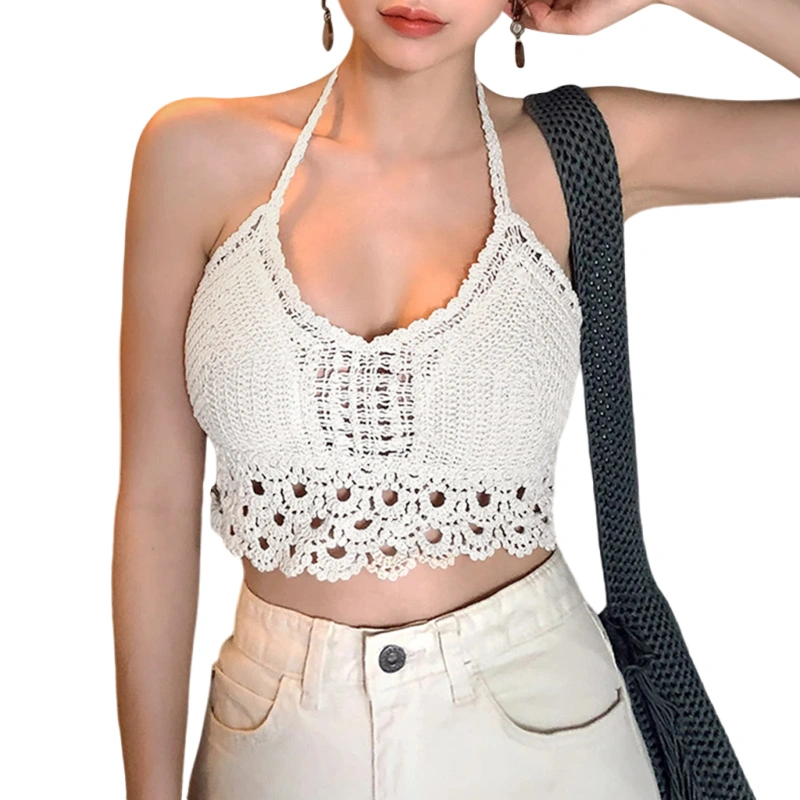 Women Halter Crop Tops, Boho Sleeveless Backless Crochet Knit Camisole