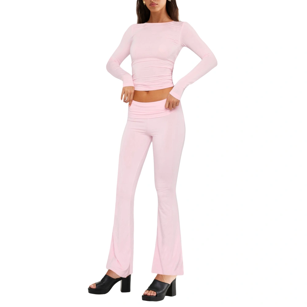 Women Pants Suit, Long Sleeve Crew Neck T-shirt with Flare Pants