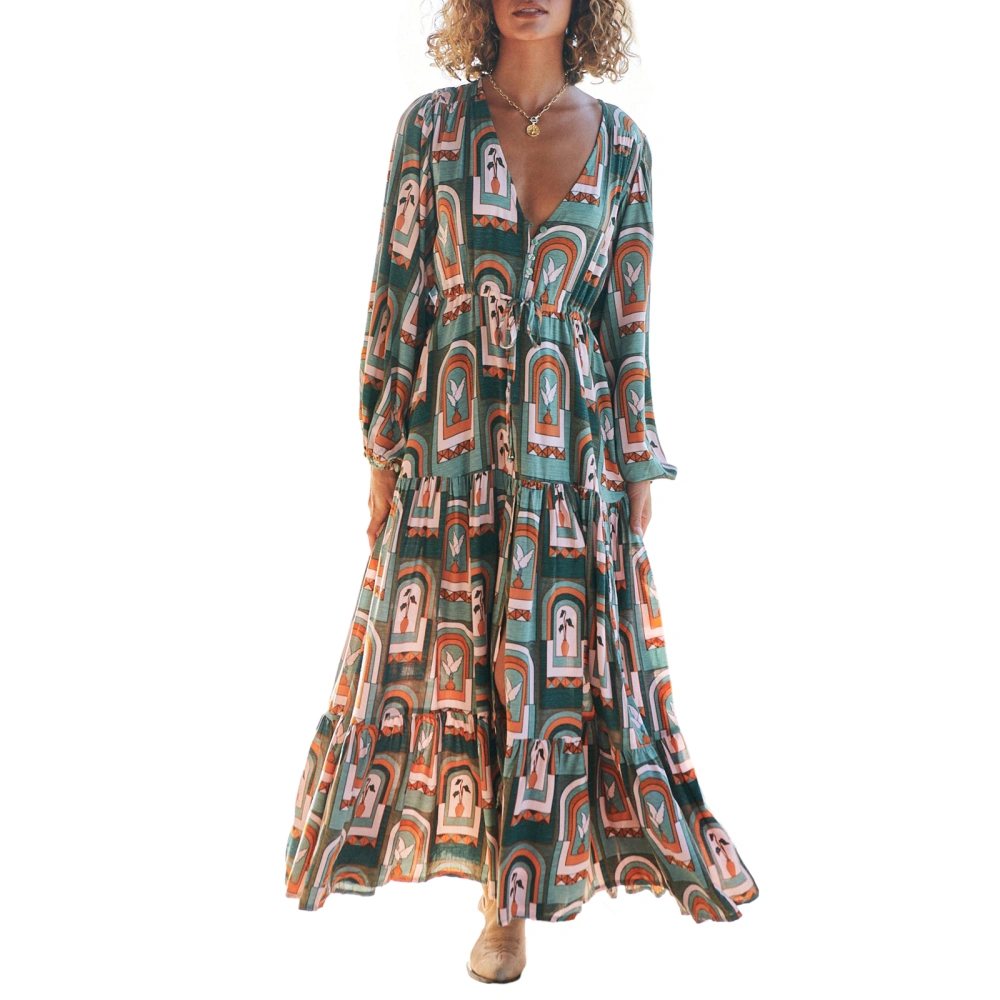 Women Spring Casual Long Dress Shop Flower Print Long Sleeve Dress