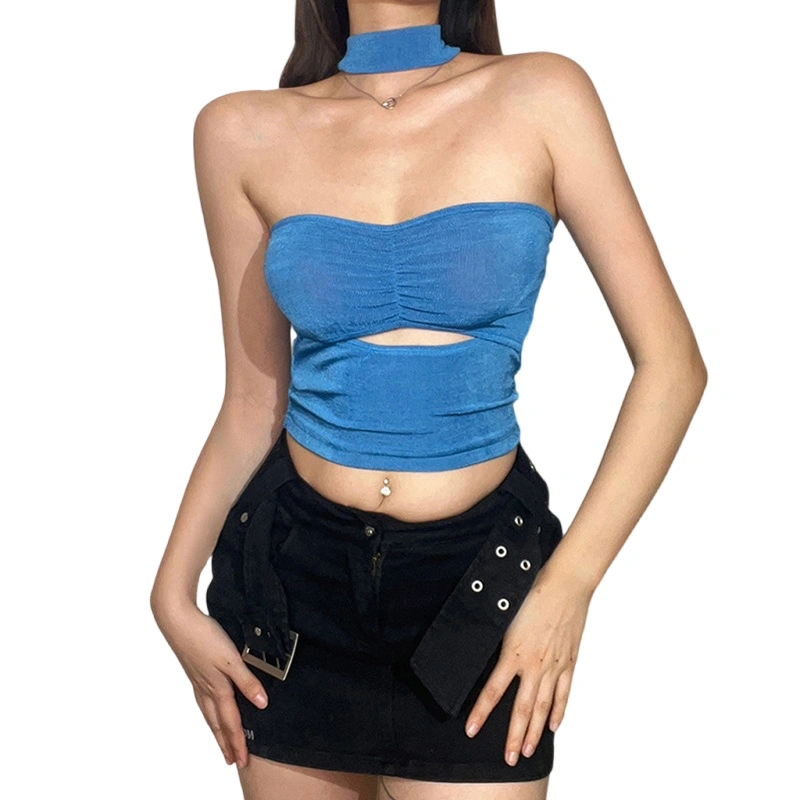 Women's Summer Blue Sleeveless Hanging Neck Hollow Out Tank Tops