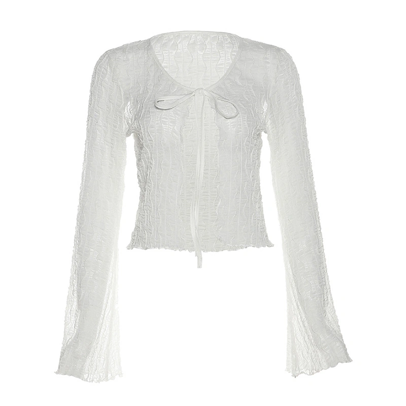 Women Long Sleeve Mesh Cardigan See-through Bandage Duster Cardigan