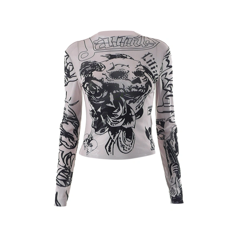 Women’s Sheer Mesh Tops, Gothic Long Sleeve Slim Fit Graphic T-Shirts