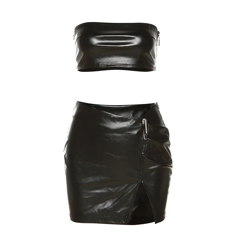 Women Summer 2 Pieces Clothes Outfits PU Leather Tube Tops Skirts