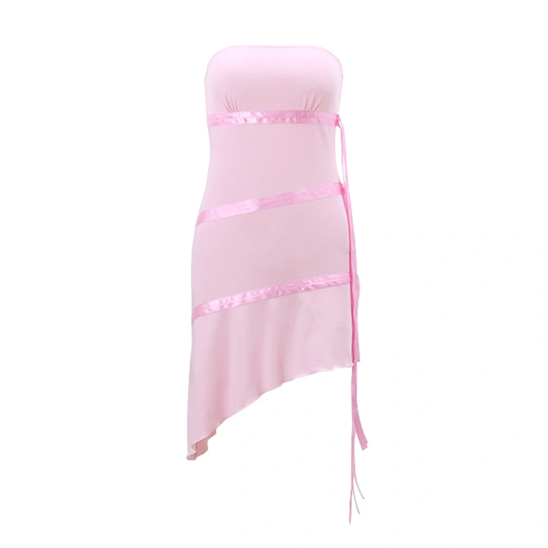 Women's Summer Pink Sleeveless Off Shoulder Tie Up Bandeau Dress