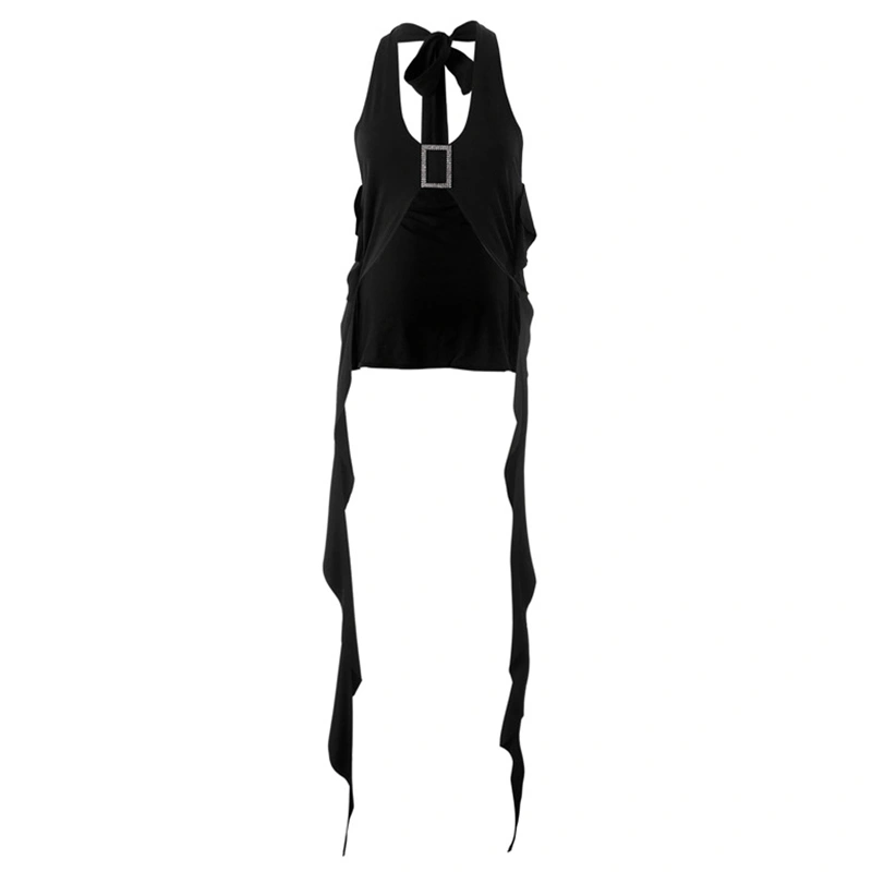 Women's Tie Halter Tank Tops, Sleeveless Rhinestone Buckle Ruffle Tops